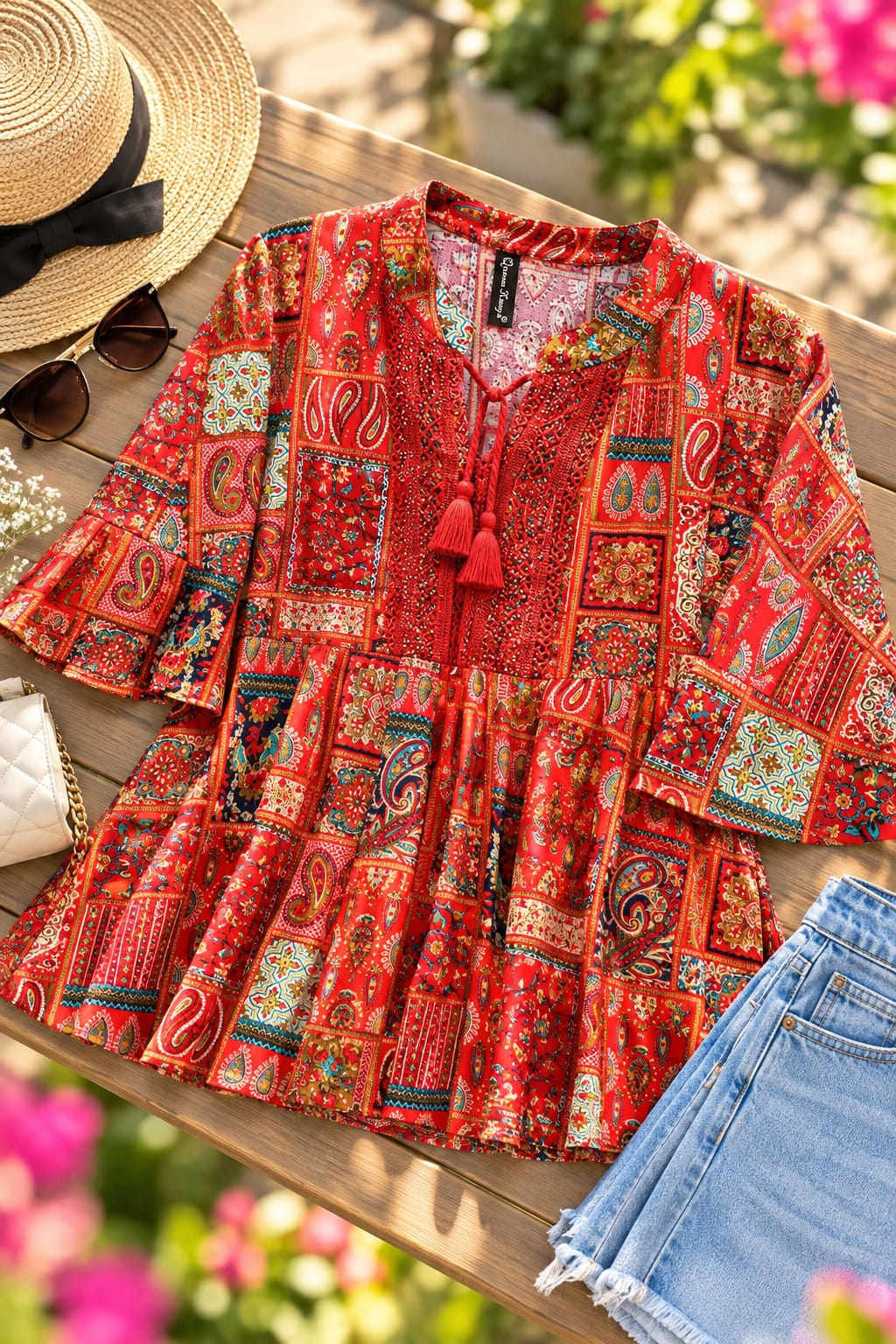 Red Ethnic Printed Flared Kurti Top - Image 2