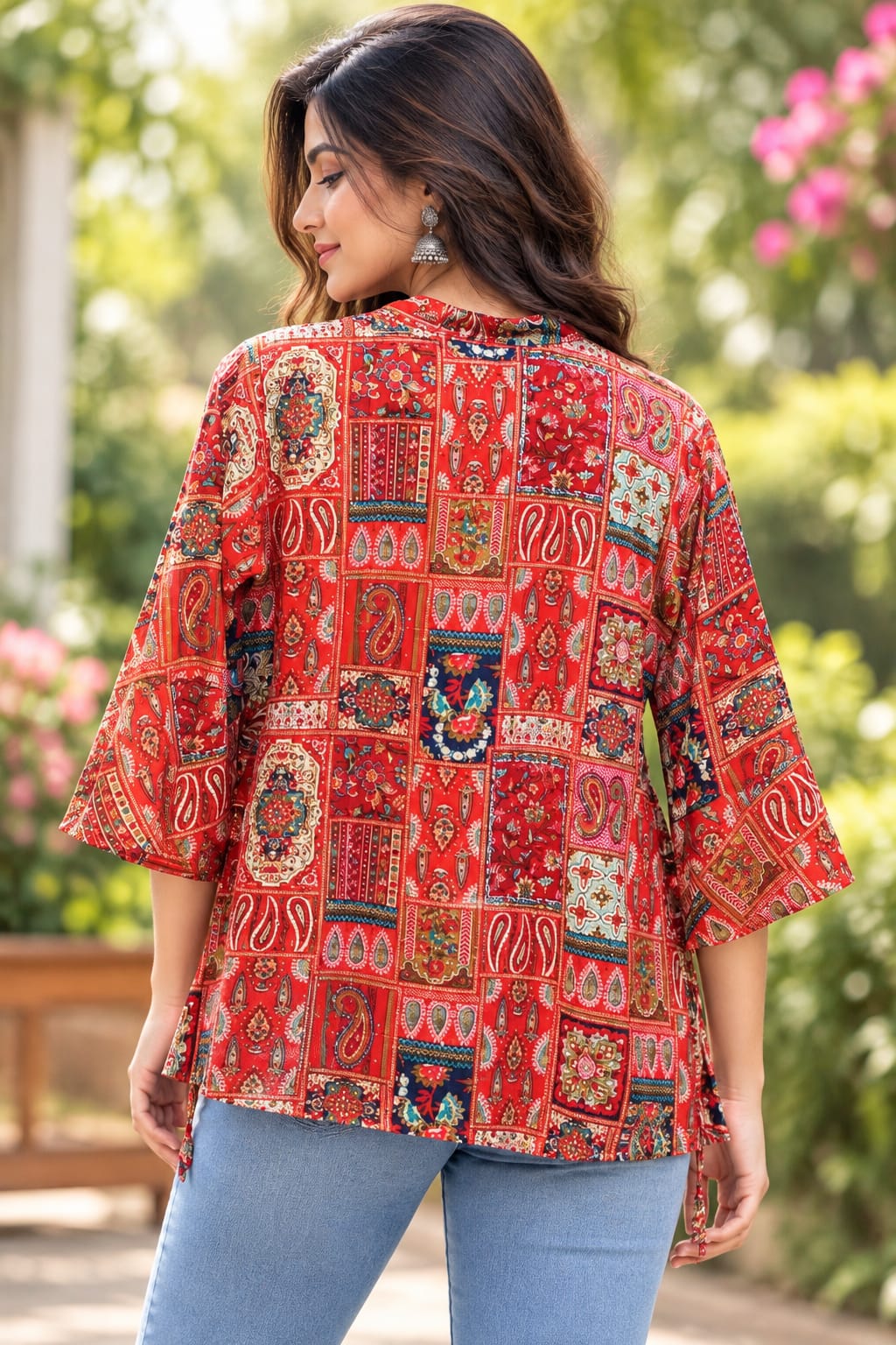 Red Ethnic Printed Flared Kurti Top - Image 3