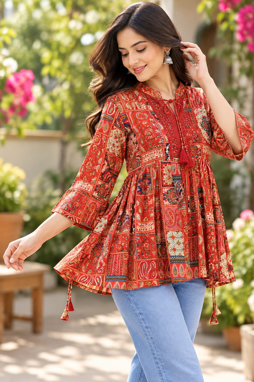 Red Ethnic Printed Flared Kurti Top - Image 4