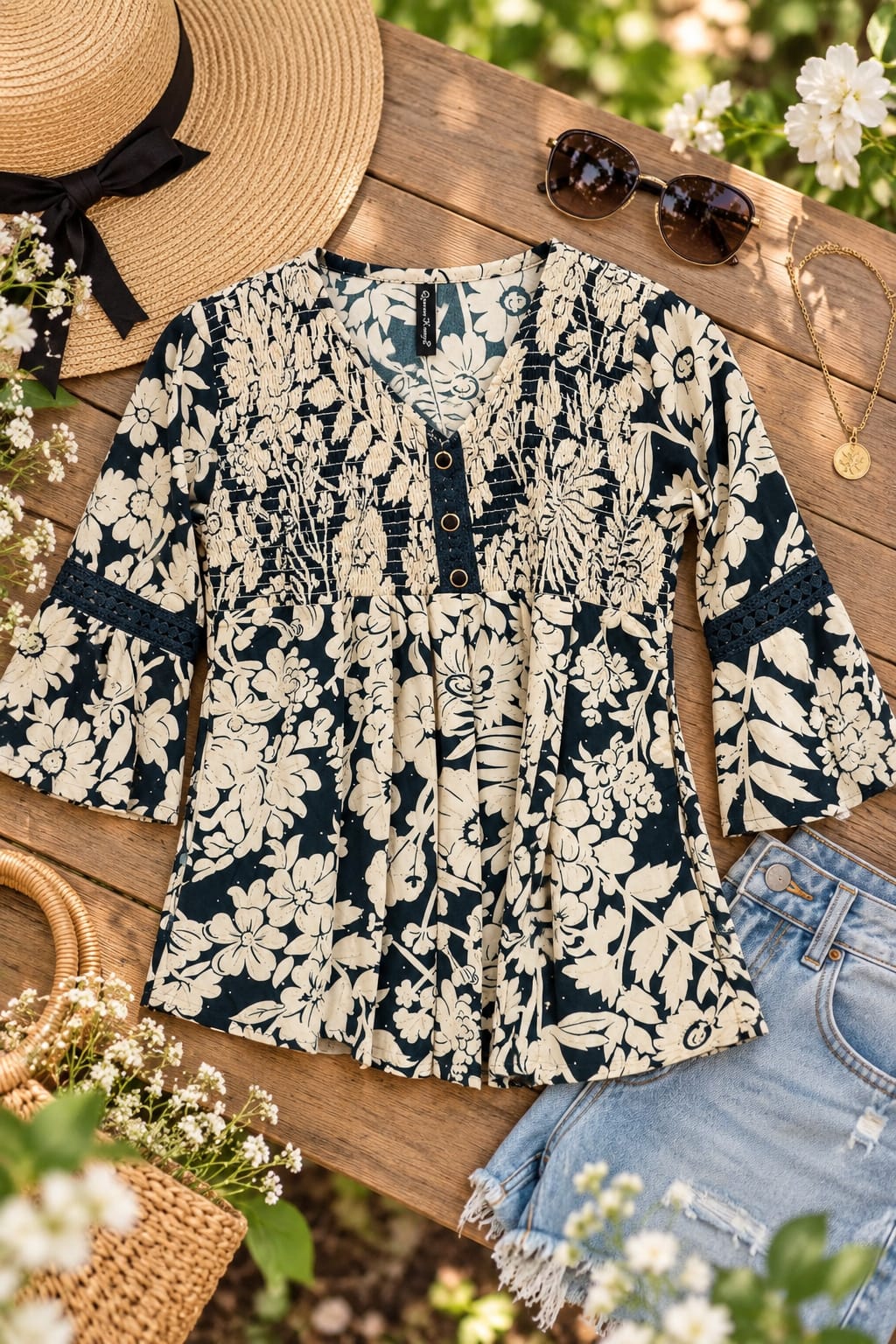 Navy Blue Floral Printed Peplum Top - Image 6