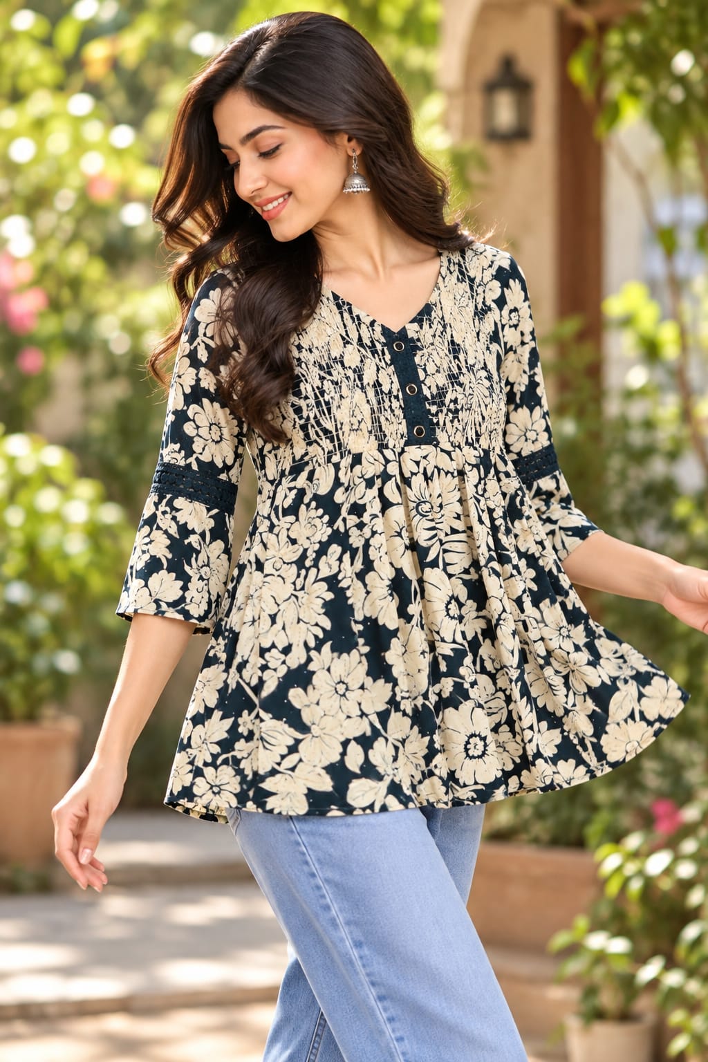 Navy Blue Floral Printed Peplum Top - Image 5