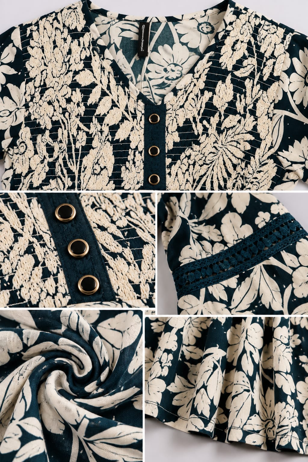 Navy Blue Floral Printed Peplum Top - Image 4