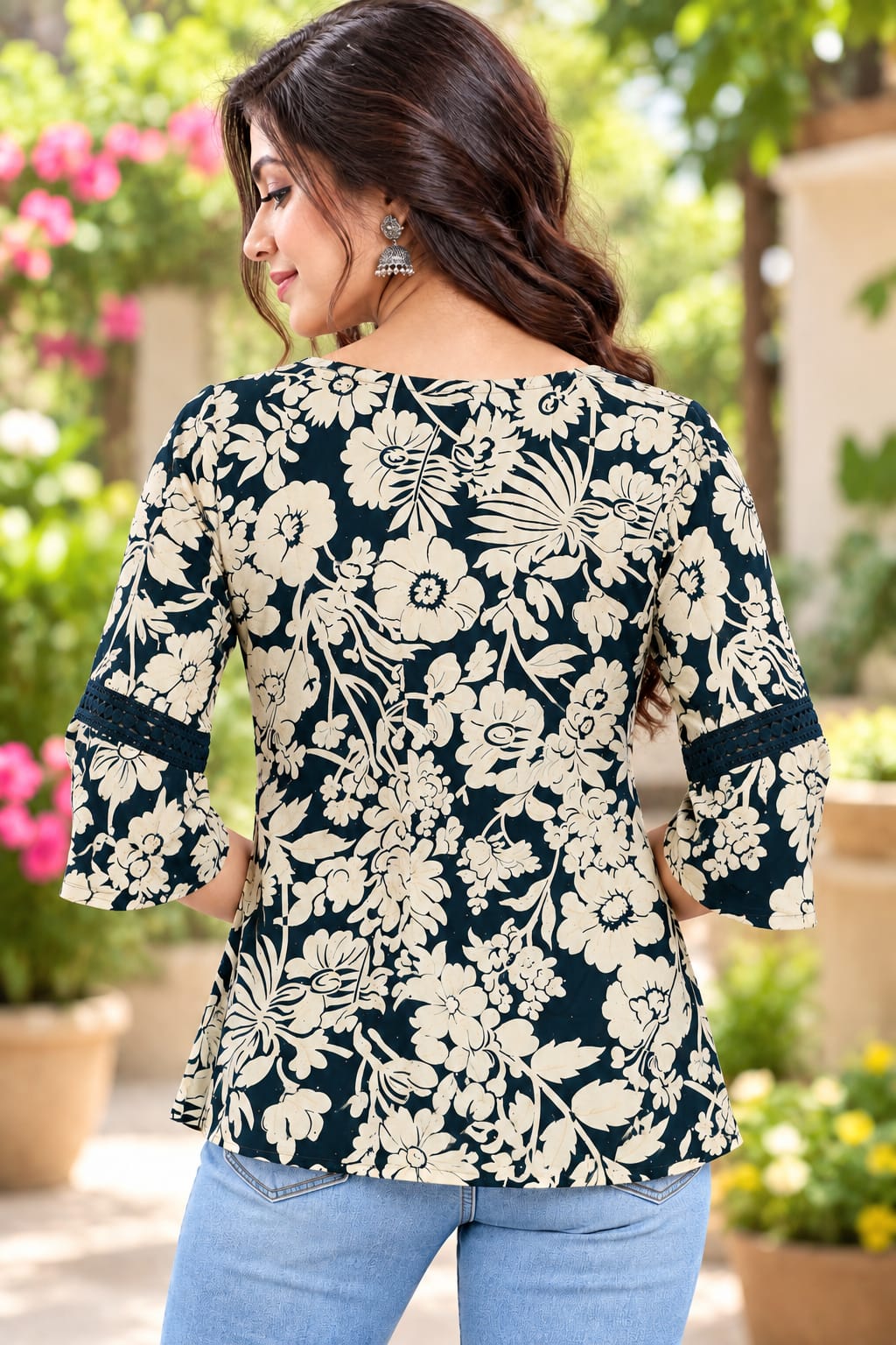 Navy Blue Floral Printed Peplum Top - Image 3