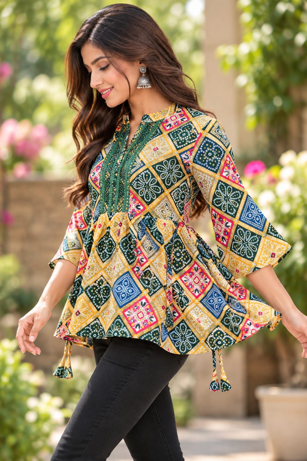 Multicolor Ethnic Printed Flared Kurti Top - Image 6