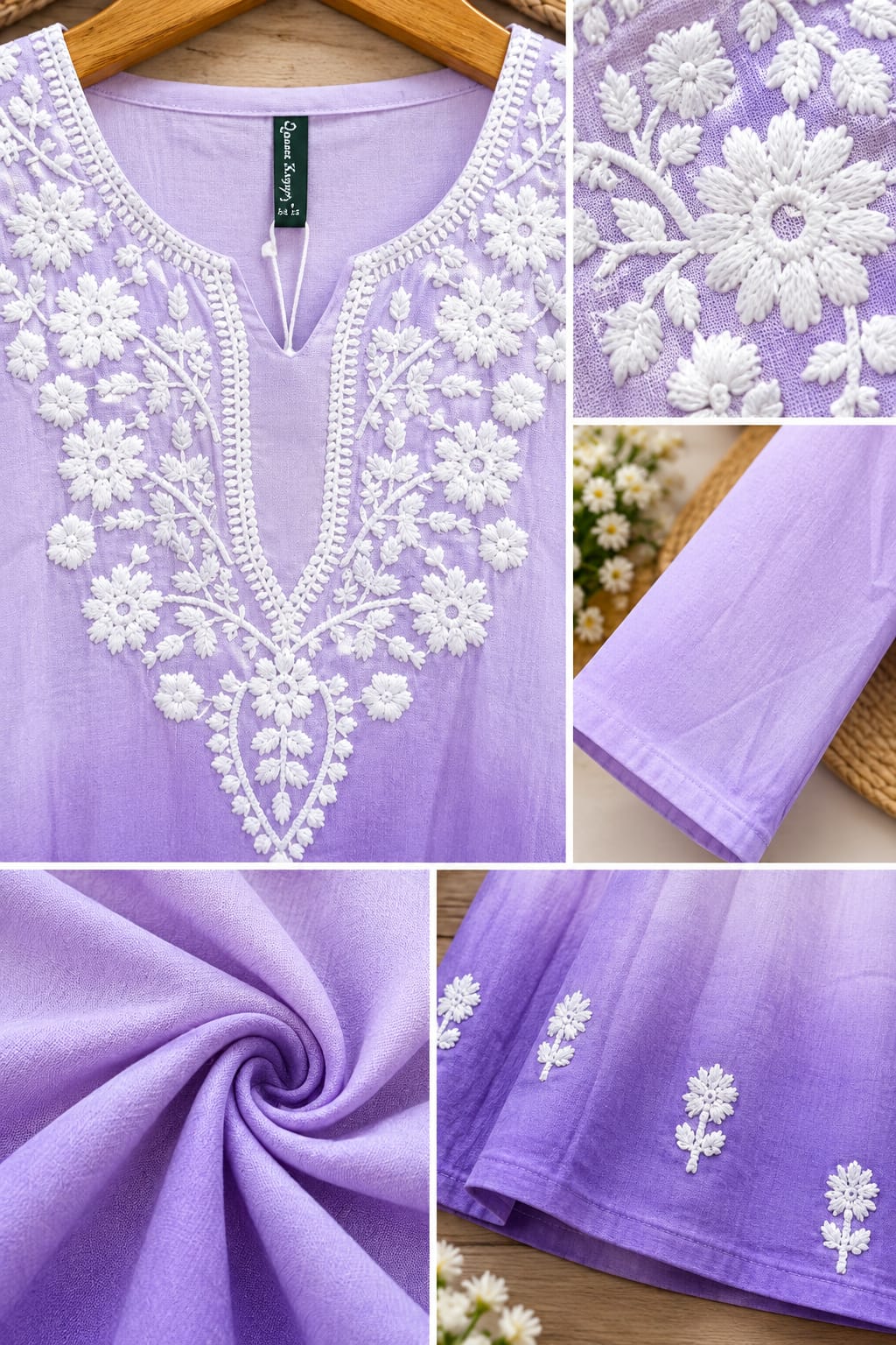 Lavender Floral Embroidered Flared Kurti Top - Image 5
