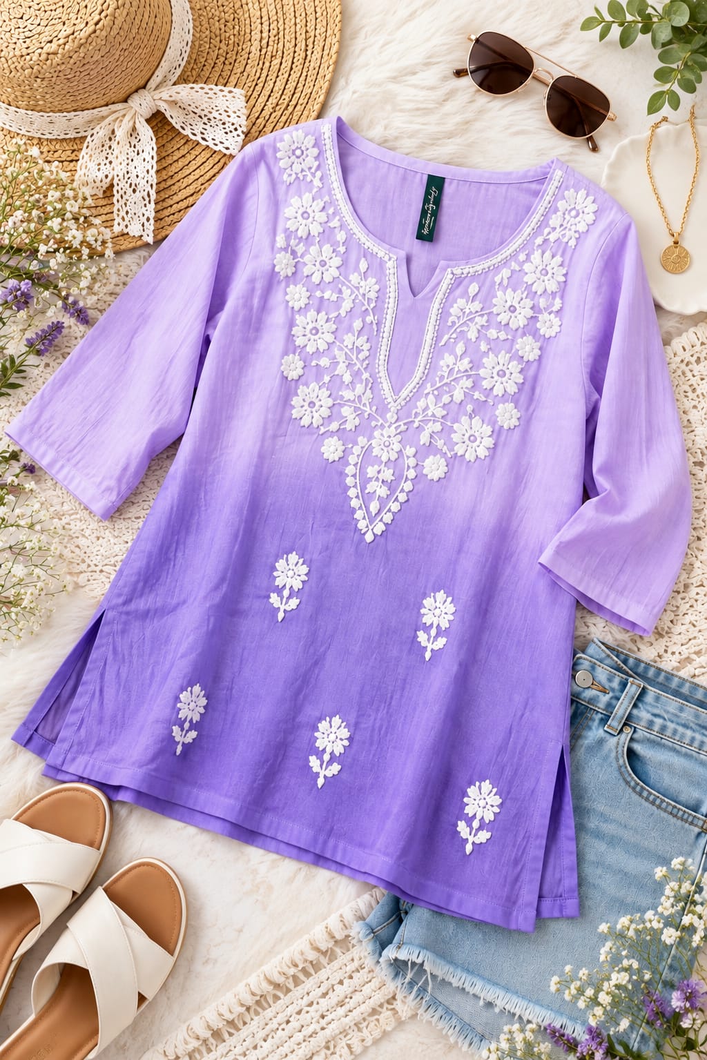 Lavender Floral Embroidered Flared Kurti Top - Image 4