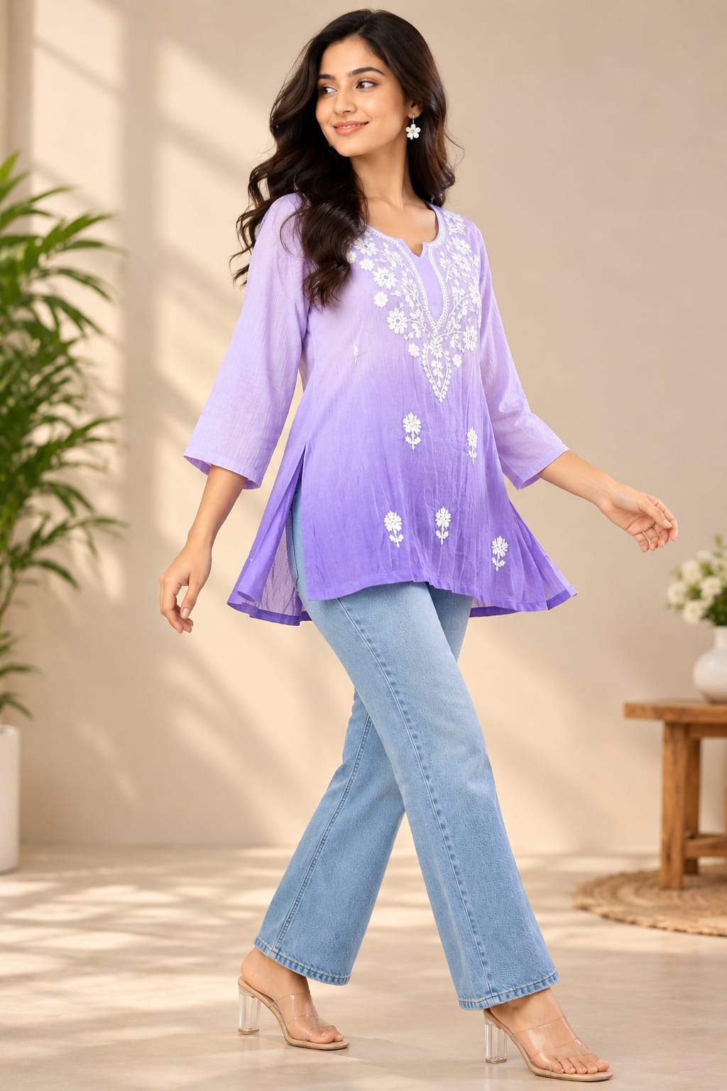 Lavender Floral Embroidered Flared Kurti Top - Image 3