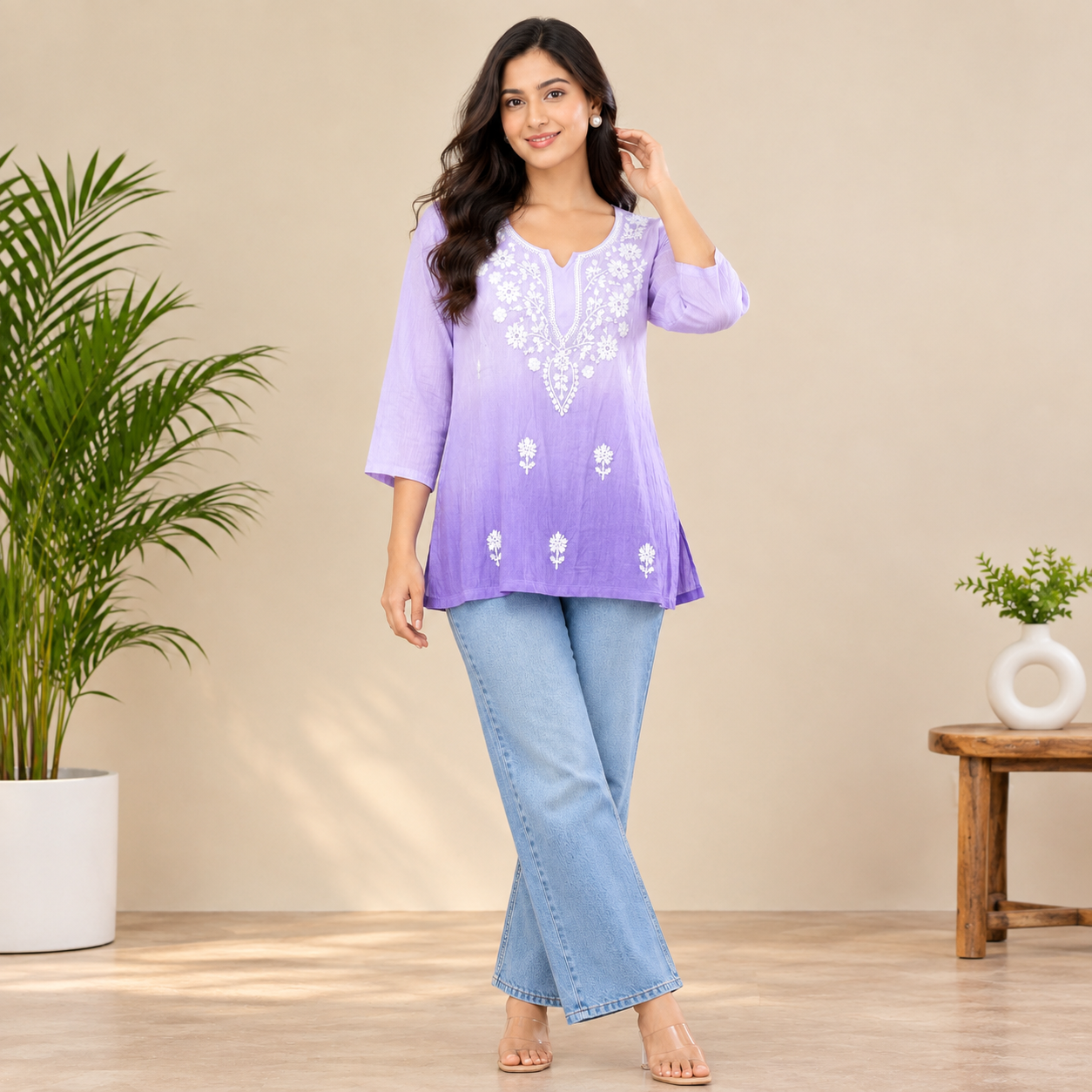 Lavender Floral Embroidered Flared Kurti Top