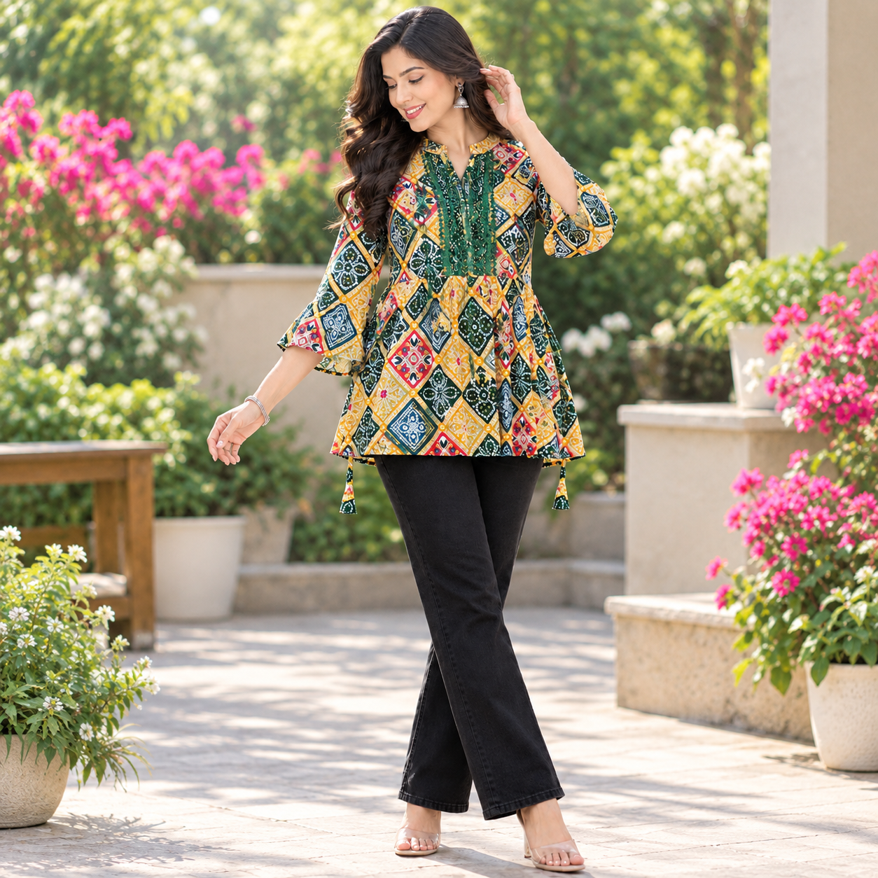 Multicolor Ethnic Printed Flared Kurti Top