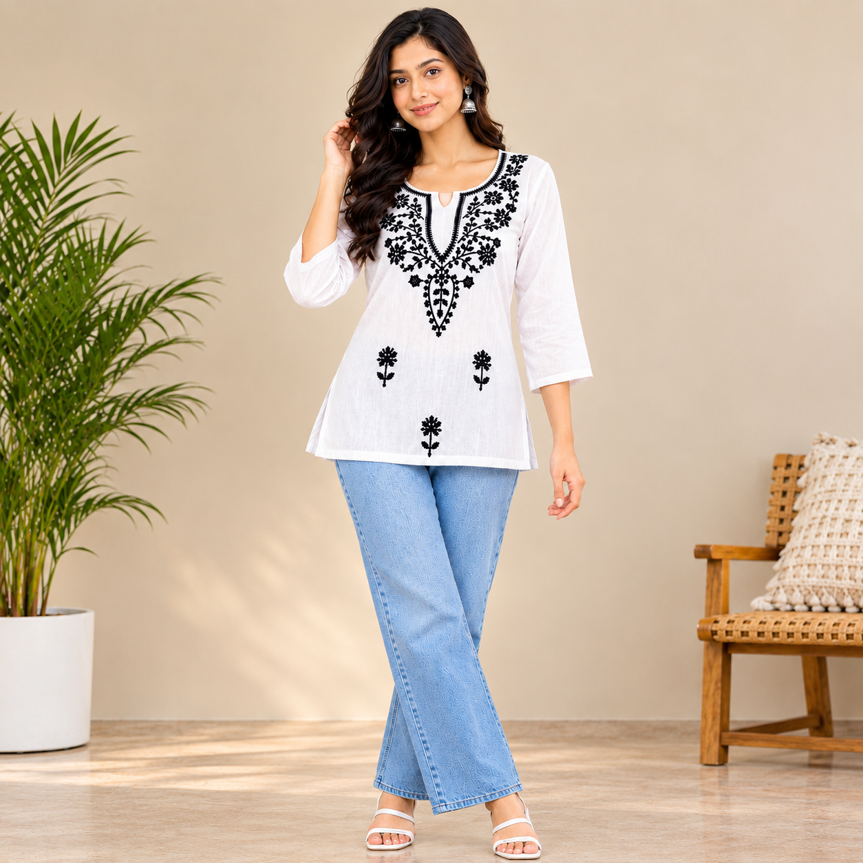 Ivory Bloom Embroidered A-Line Tunic