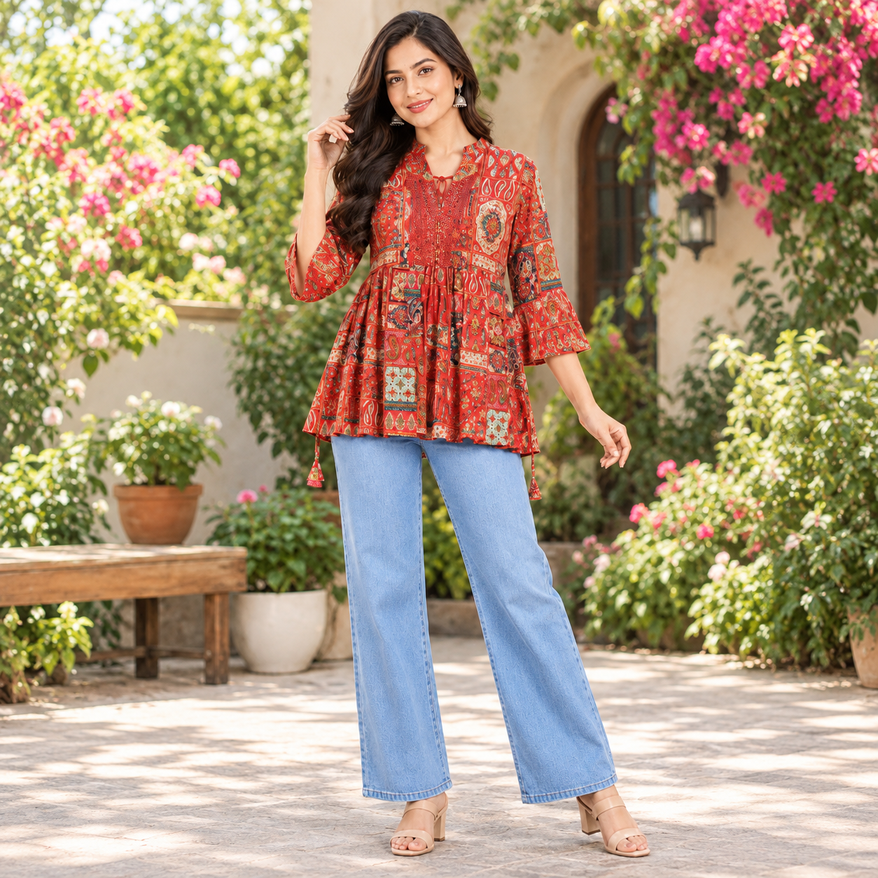 Red Ethnic Printed Flared Kurti Top