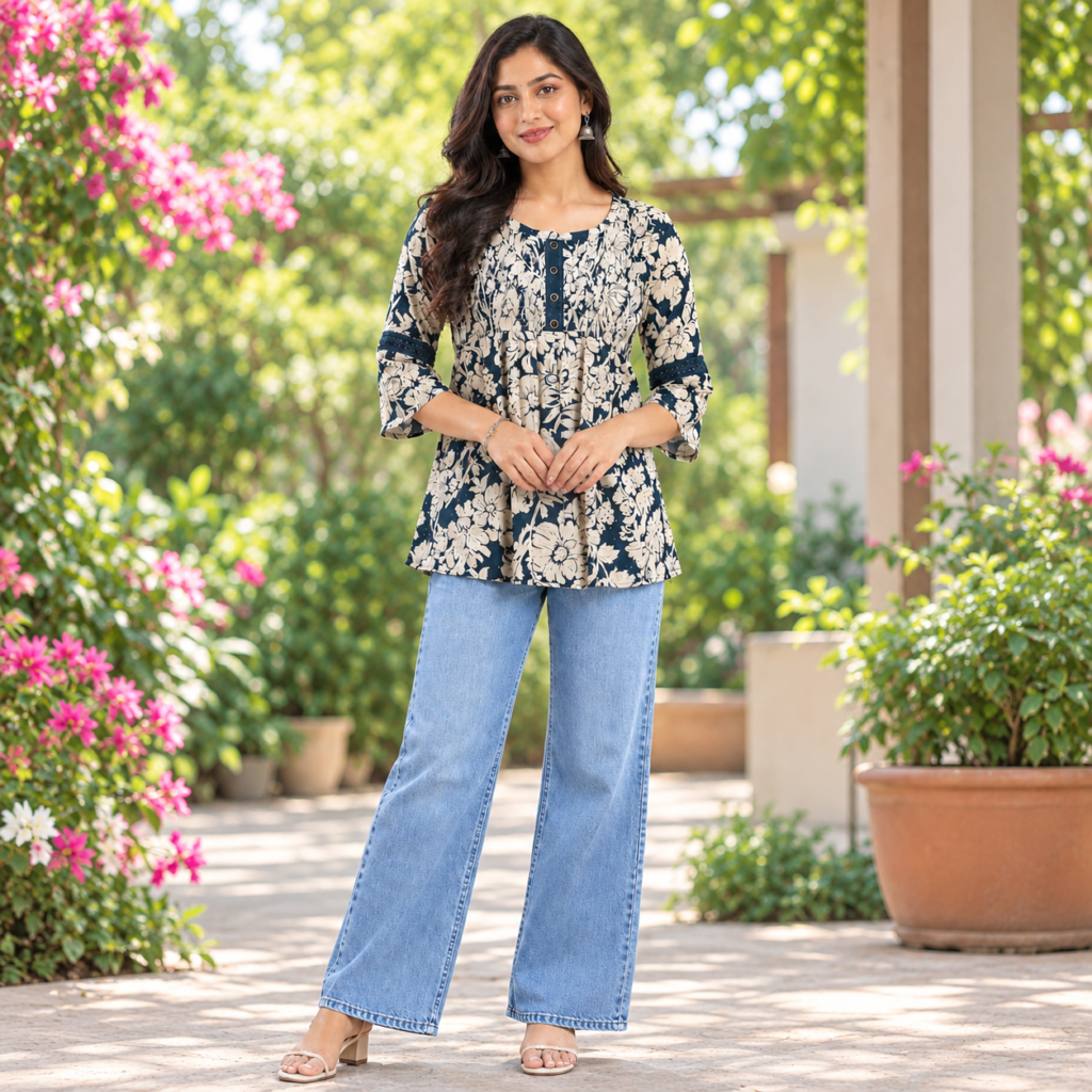Navy Blue Floral Printed Peplum Top
