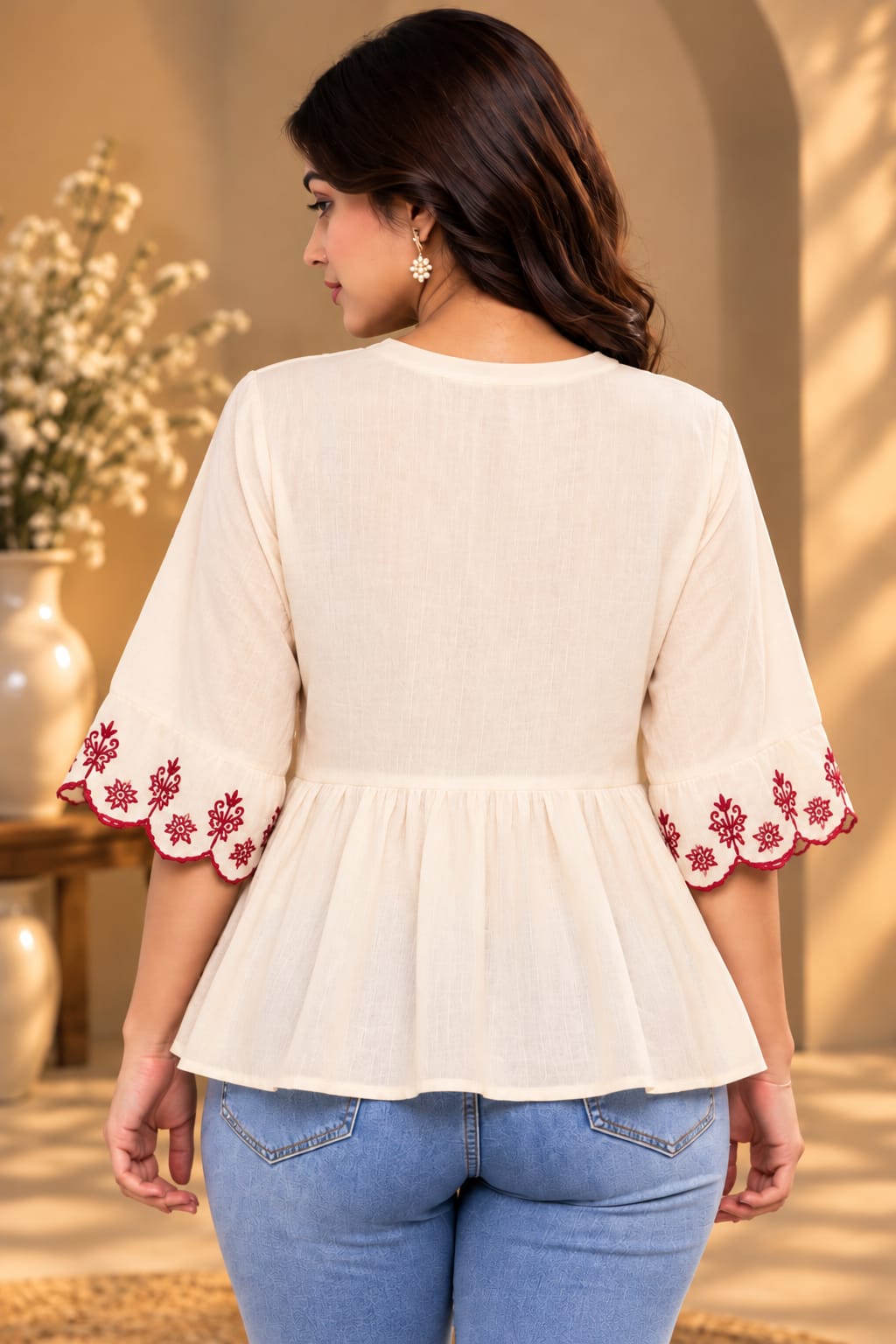 Ivory Kurti with Maroon Floral Embroidery - Image 2