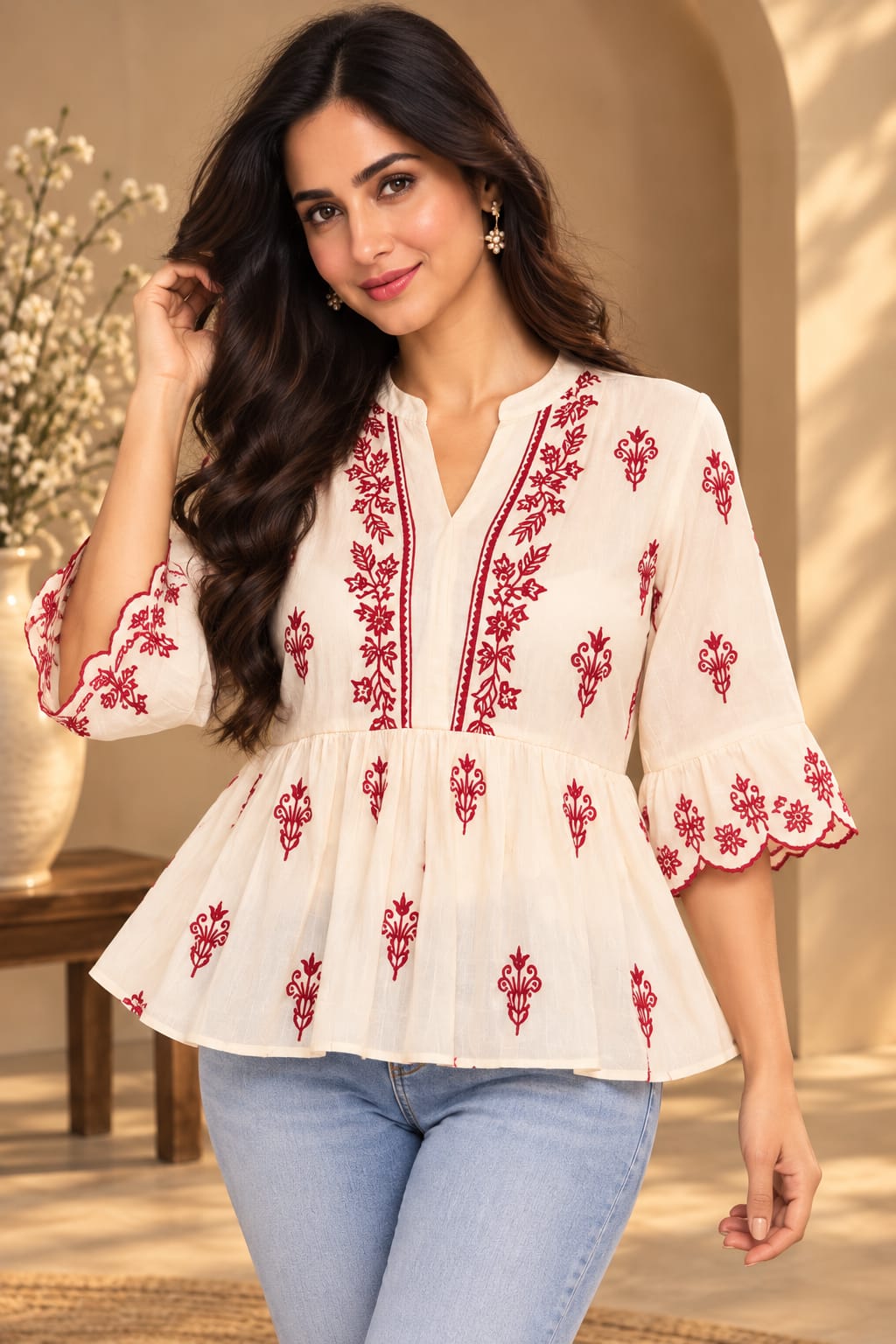 Ivory Kurti with Maroon Floral Embroidery - Image 3