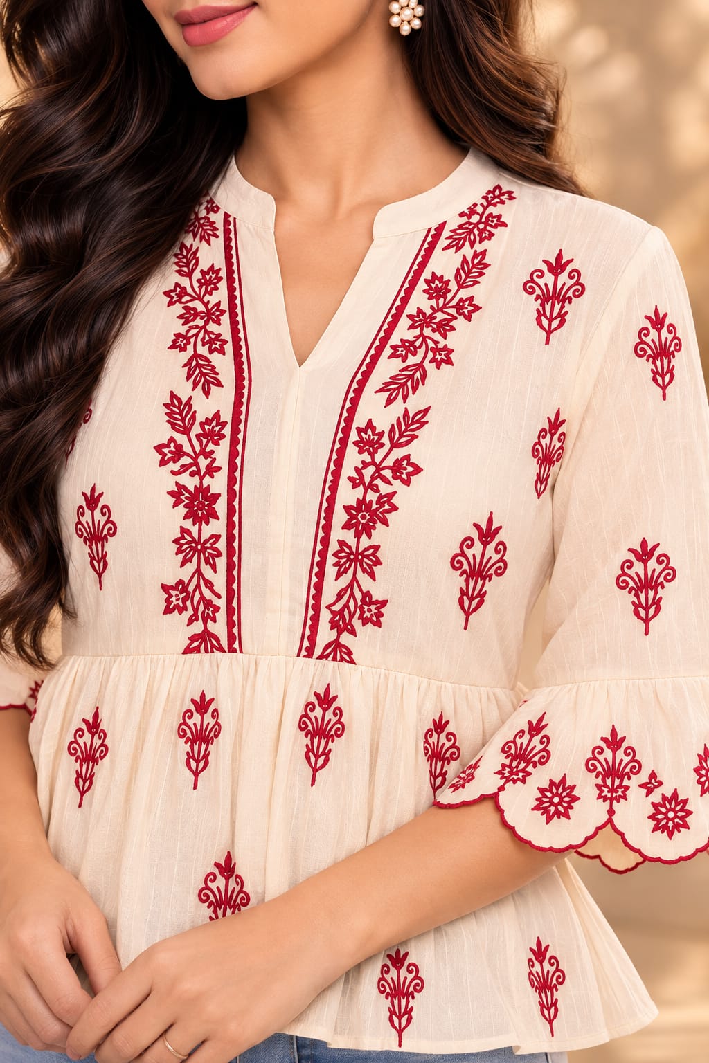 Ivory Kurti with Maroon Floral Embroidery - Image 6