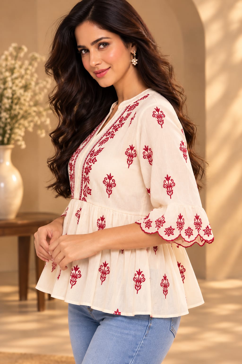 Ivory Kurti with Maroon Floral Embroidery - Image 4