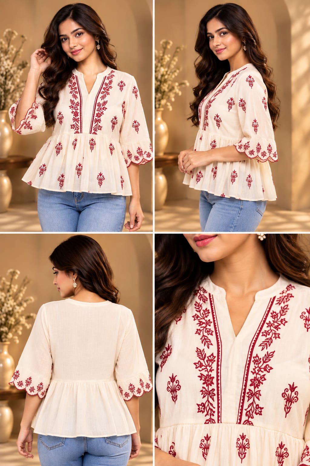 Ivory Kurti with Maroon Floral Embroidery - Image 5