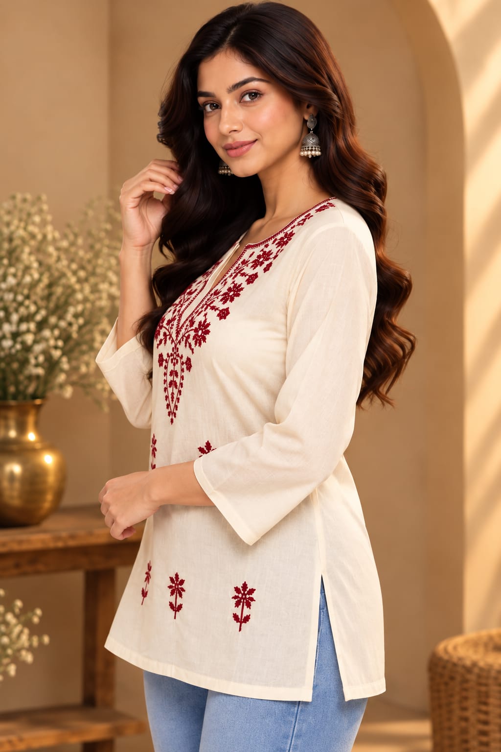 Ivory Kurti with Maroon Floral Embroidery - Image 8