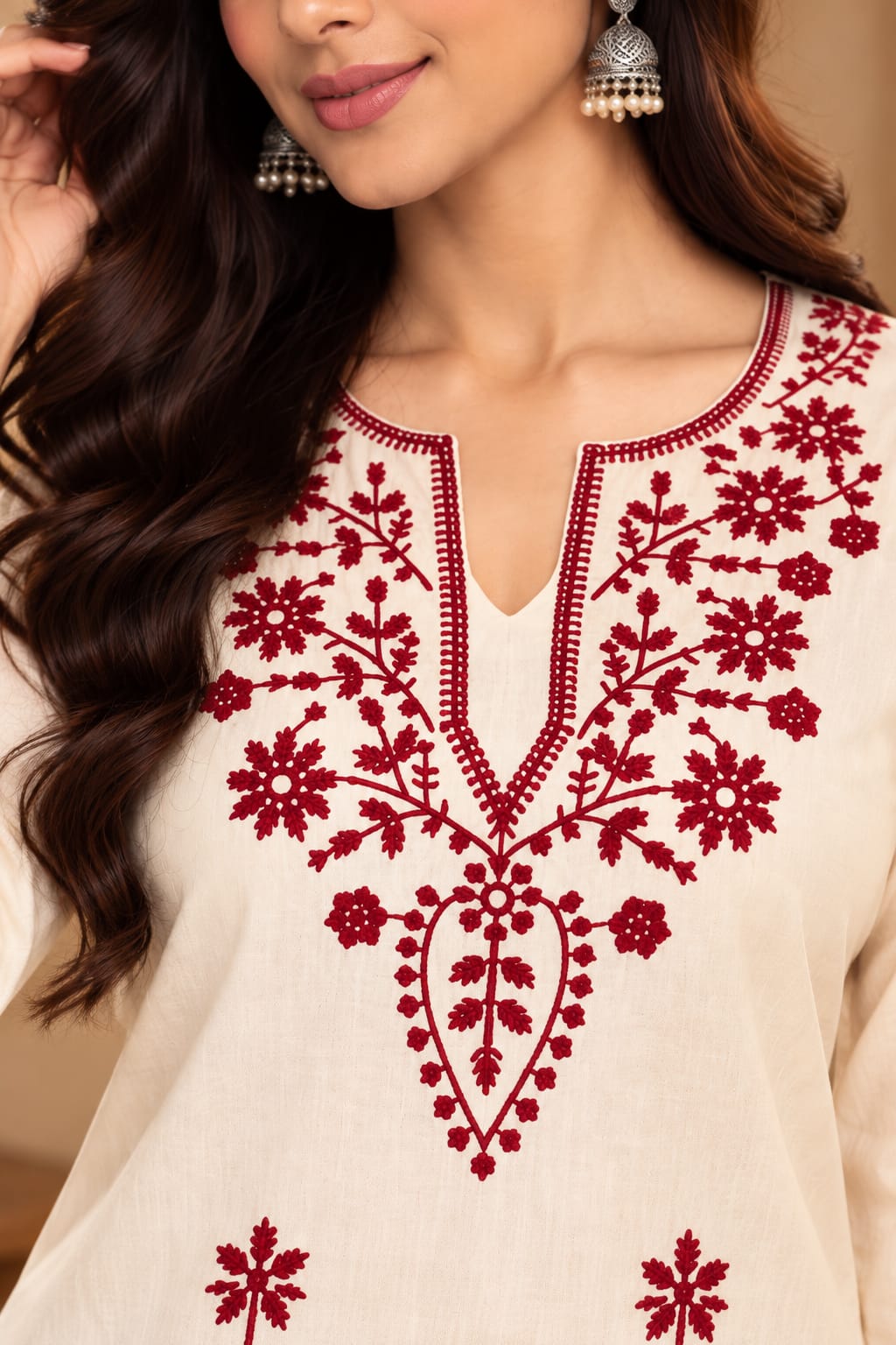 Ivory Kurti with Maroon Floral Embroidery - Image 7