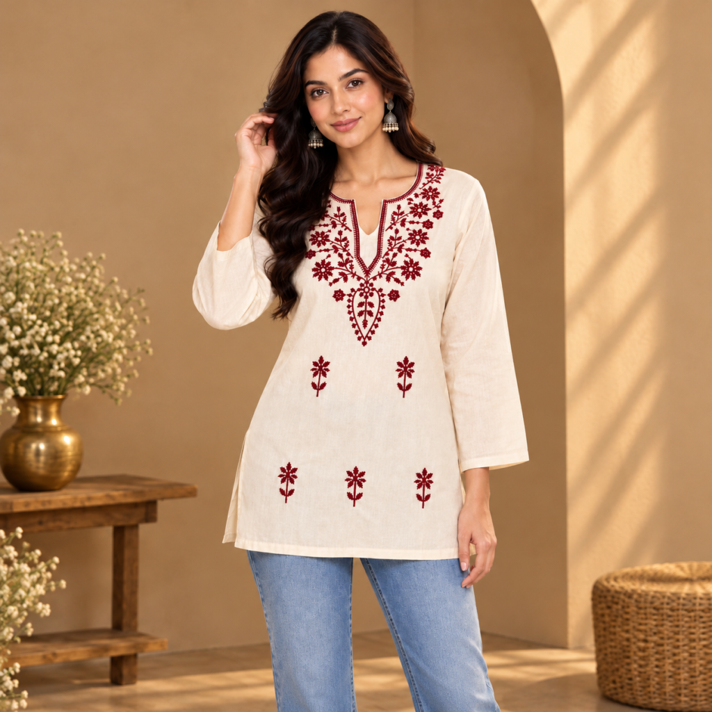 Ivory Kurti with Maroon Floral Embroidery